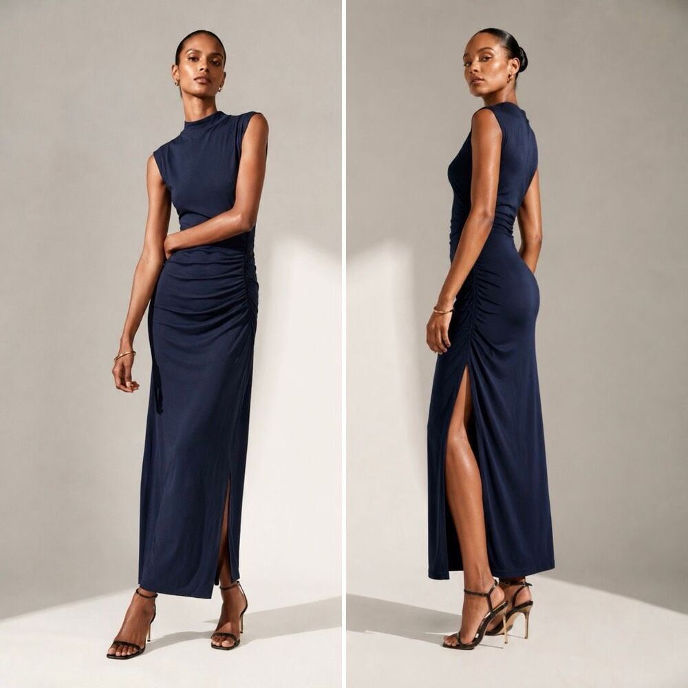 Abercrombie & Fitch Paloma Navy Ruched Midi Maxi Dress XLT Modal Blend NWT Tall